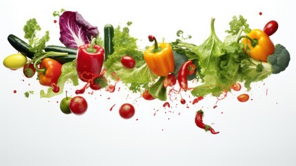 Collection of floating fresh vegetables vegetarian healthy on white background	
