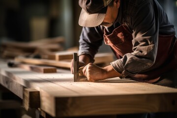 Carpenter doing wood work using classic old machine plane tools in a workshop.