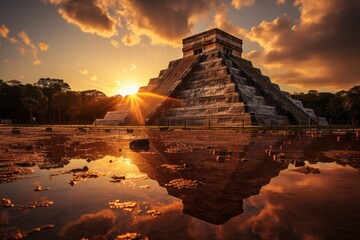 a pyramid is reflected in the water at sunset