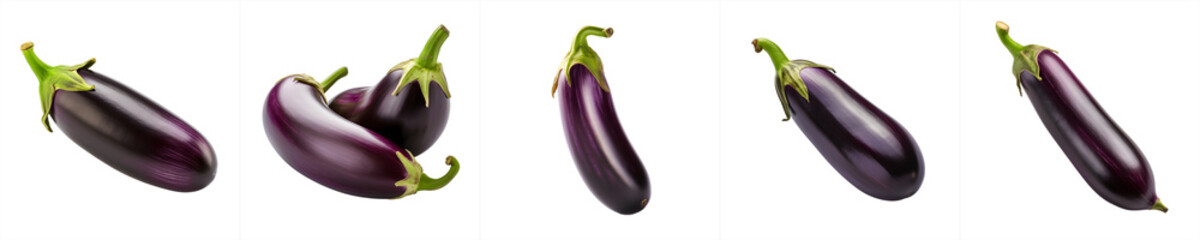 collection of organic black eggplant vegetable isolated on transparent background