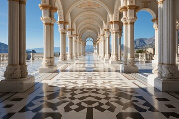a long hallway with arches and columns and a checkered floor
