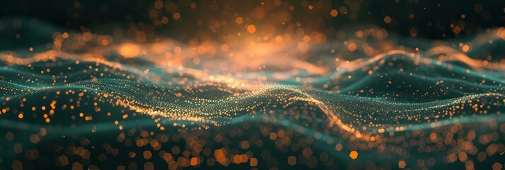 Abstract golden particle wave with bokeh light effect. Background for technological processes, science, presentations, education, etc
