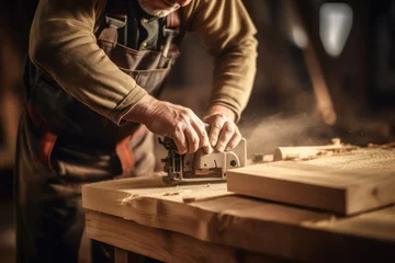 Photo sur Plexiglas Ancien avion Carpenter doing wood work using classic old machine plane tools in a workshop.