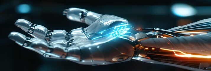 Futuristic cybernetic hand with holographic technology concept. Background for technological processes, science, presentations, education, etc