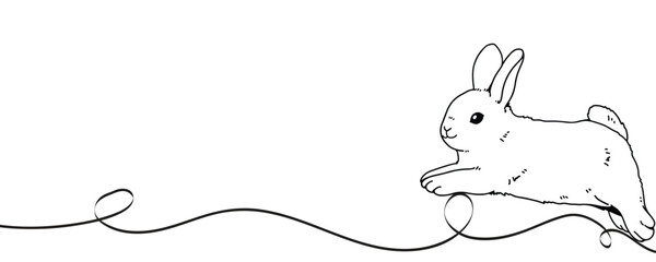 Bunny line art illustration. Line drawing on easter festive theme. modern minimal style, horizontal poster, greeting card and banner, header for website. Vector illustration.