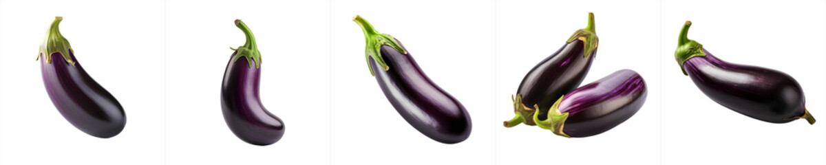 collection of organic black eggplant vegetable isolated on transparent background