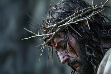 Fototapeta premium Artistic representation of Jesus in a crown of thorns, conveying the depth of suffering and sacrifice embedded in Christian teaching