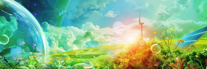 Eco-friendly renewable energy collage with solar panels and wind turbines. Background for technological processes, science, presentations, education, etc