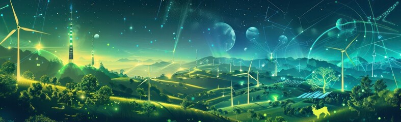 Eco-friendly renewable energy collage with solar panels and wind turbines. Background for technological processes, science, presentations, education, etc