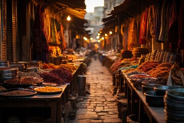 a narrow alleyway filled with lots of tables and tables of food