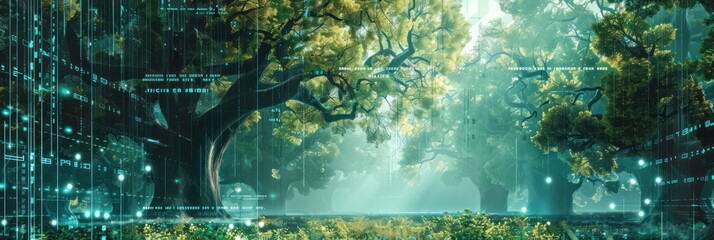 Futuristic digital forest concept with green technology and ecology network. Background for technological processes, science, presentations, education, etc