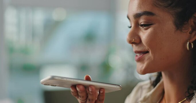 Closeup, woman and smartphone with speaker for phone call, conversation and communication on internet. Cellphone, voice record and microphone on mobile app and networking in online discussion.