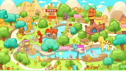 cartoon illustration town with various buildings, animals, and greenery