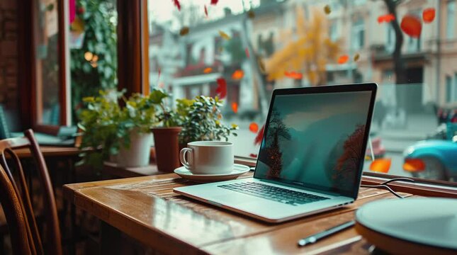 Autumn Caf&eacute; Retreat: Laptop and Coffee by the Window in a Cozy Caf&eacute; Seamless looping 4k time-lapse virtual video animation background. Generated AI