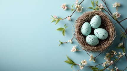 Easter poster background template with Easter eggs in the nest on light blue background