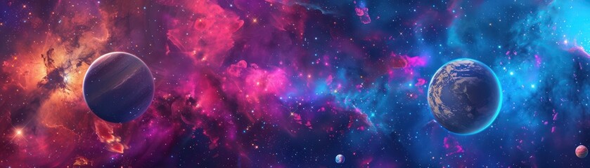 Vibrant cosmic nebulae and planets in deep space universe. Background for technological processes, science, presentations, education, etc - obrazy, fototapety, plakaty