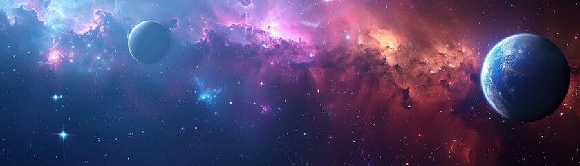 Vibrant cosmic nebulae and planets in deep space universe. Background for technological processes, science, presentations, education, etc - obrazy, fototapety, plakaty