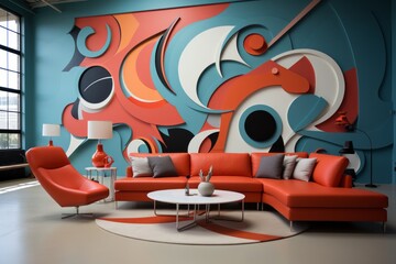 A living room featuring a couch, chair, coffee table, and a mural on the wall