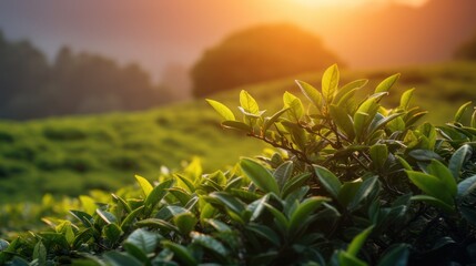 Tea field farm with view of natural fresh green tea leaf shoots in peak morning light
