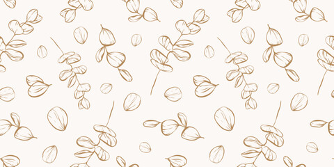 Botanical line seamless pattern of a eucalyptus leaves branch for wedding invitation and cards, textile products, web, wrapping paper and poster, template, beauty and cosmetic industry.	