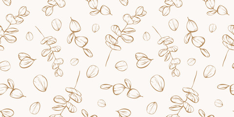 Botanical line seamless pattern of a eucalyptus leaves branch for wedding invitation and cards, textile products, web, wrapping paper and poster, template, beauty and cosmetic industry.  © taniKoArt