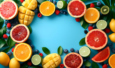  Mix of fresh berries, juice and fruits on blue background, top view, copy space