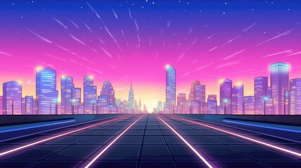 Fototapeta premium cartoon illustration Road to night city, empty highway with glowing street lamps and skyline with urban architecture.