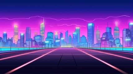 cartoon illustration Road to night city, empty highway with glowing street lamps and skyline with urban architecture.