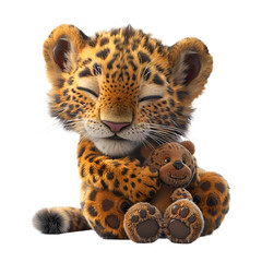 A 3D animated cartoon render of a smiling leopard cuddling a plush toy. Created with generative AI.