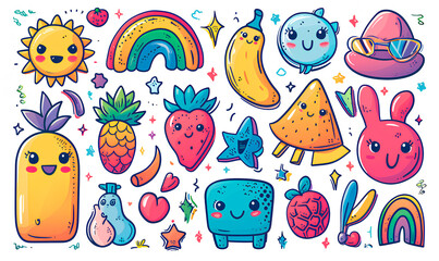 Colorful hand drawn cartoon stickers with cats, mushrooms, and moons