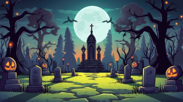 cartoon spooky graveyard scene under the full moon, surrounded by eerie trees and tombstones
