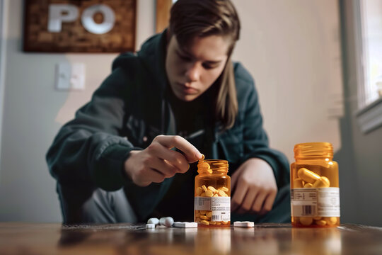 A woman with depression sits at a table, holding two bottles of pills, contemplating her treatment options.