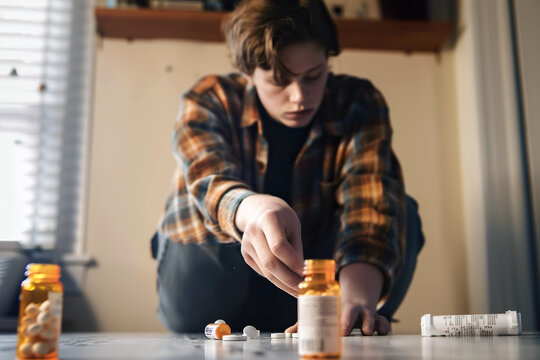 A man sits on a table with a collection of pills in front of him, symbolizing medicine and treatment for depression or illness.