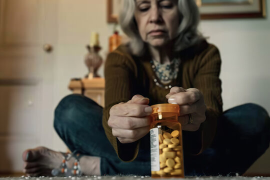 A senior woman with a bottle of pills sits on the floor, highlighting the presence of medicine in the context of depression and illness treatment.
