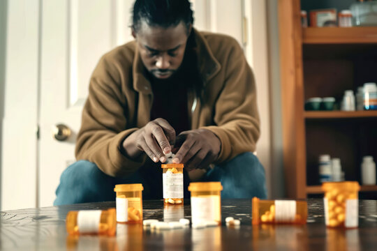 A man sitting on the floor engaging with pills in the context of medicine, depression, illness, and treatment.