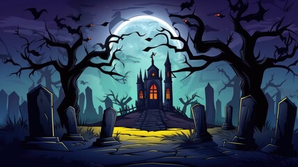 cartoon spooky graveyard scene under the full moon, surrounded by eerie trees and tombstones