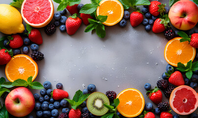 Mix of fresh berries and fruits on grey background, top view, copy space