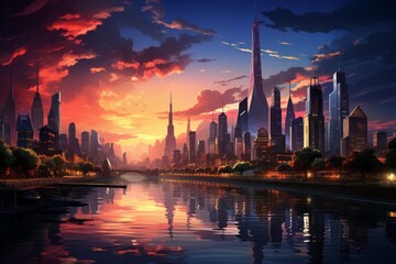 a city skyline with a river in the foreground and a sunset in the background