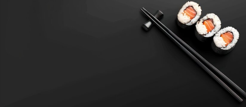Close up of tasty pieces of sushi with chopsticks on dark background. AI generated image