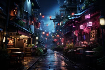 Fototapeten a narrow street in a city at night with a lot of lights on the buildings © 昱辰 董