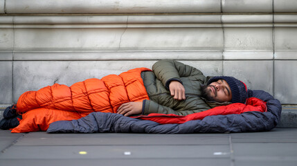 Homeless people sleeping in sleeping bag and cardboard in a street, concept of financial crisis, unemployment, lose job, vulnerable groups.