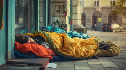 Homeless people sleeping in sleeping bag and cardboard in a street, concept of financial crisis, unemployment, lose job, vulnerable groups.