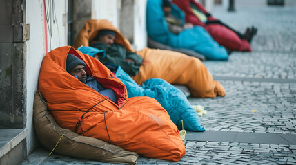 Homeless people sleeping in sleeping bag and cardboard in a street, concept of financial crisis, unemployment, lose job, vulnerable groups. - obrazy, fototapety, plakaty