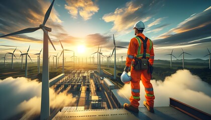 The image shows a worker in high-visibility clothing standing on a platform with a majestic view of wind turbines at sunrise, overlooking a power station amidst a landscape of clouds and hills.

