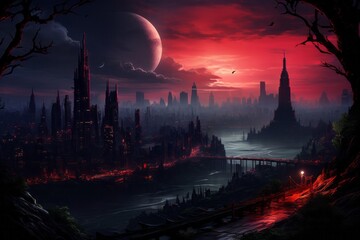 A futuristic cityscape painting at night with a moon in the sky