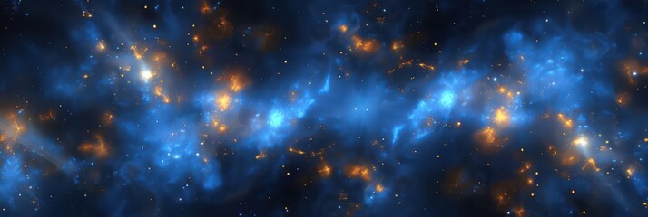 Ethereal starry nebula and cosmic dust in deep blue space. Background for technological processes, science, presentations, education, etc - obrazy, fototapety, plakaty