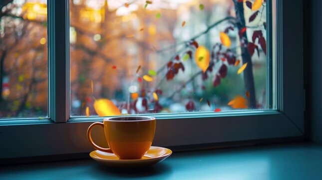 Coffee by autumn window with picturesque view cozy fall atmosphere Seamless looping 4k time-lapse virtual video animation background. Generated AI