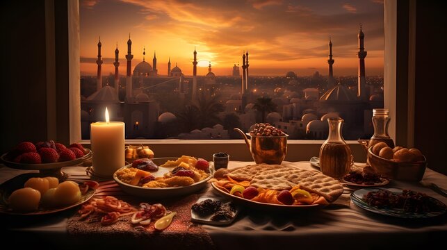Sunset Banquet With Candles And Food