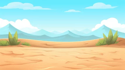 Foto op Plexiglas cartoon desert landscape with distant mountains, blue sky, and a few green plants. © chesleatsz