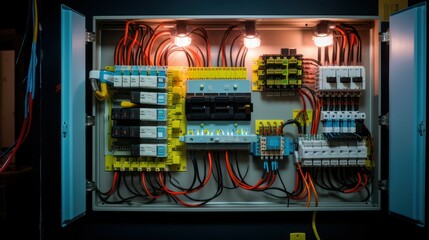 Electrical panel with open box, electrical service technician	
